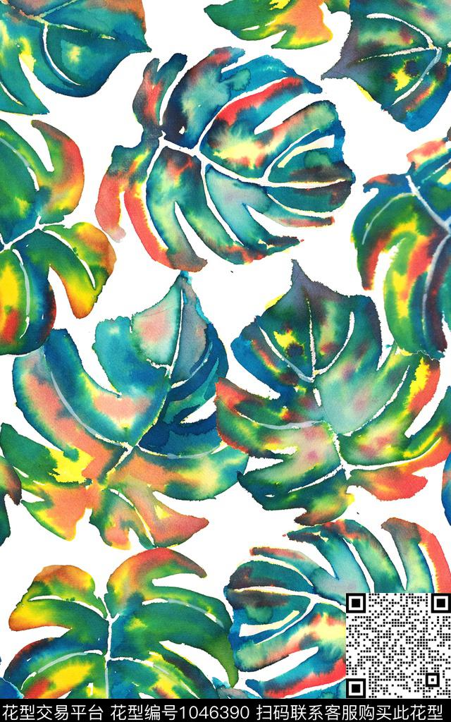 抽象五彩叶子绿植树叶数码印花华亿平台下载（图片编号: 1046390） - 瓦栏（Walan）