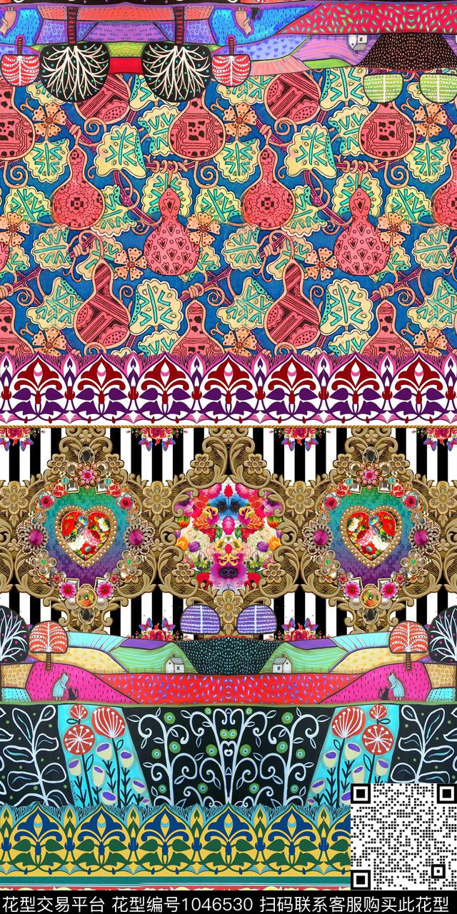 条纹民族风花卉数码印花华亿平台下载（图片编号: 1046530） - 瓦栏（Walan）