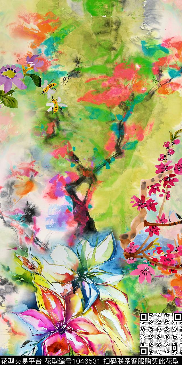 梅花水彩花卉花卉数码印花华亿平台下载（图片编号: 1046531） - 瓦栏（Walan）