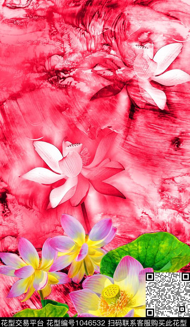 花卉荷花水彩花卉数码印花华亿平台下载（图片编号: 1046532） - 瓦栏（Walan）