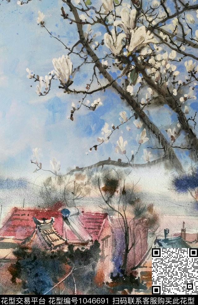 玉兰花写意景色数码印花华亿平台下载（图片编号: 1046691） - 瓦栏（Walan）