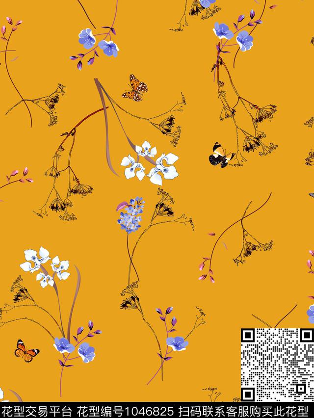 小碎花鸢尾花蝴蝶数码印花华亿平台下载（图片编号: 1046825） - 瓦栏（Walan）