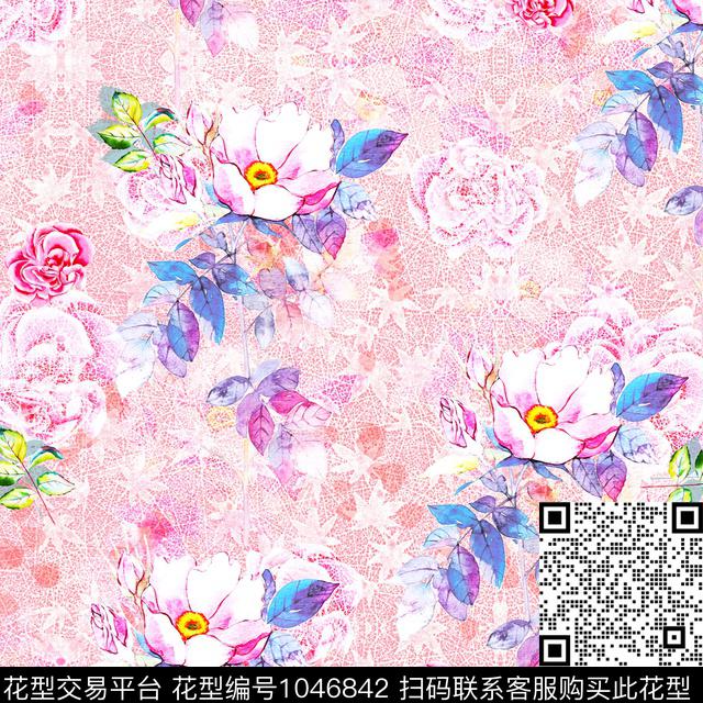 数码华亿平台手绘花卉风格化花卉数码印花华亿平台下载（图片编号: 1046842） - 瓦栏（Walan）