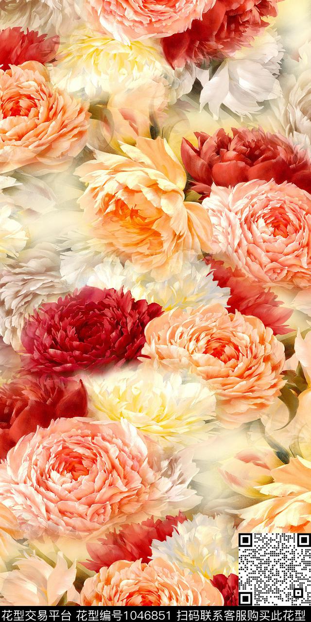 朦胧花卉牡丹满版花卉数码印花华亿平台下载（图片编号: 1046851） - 瓦栏（Walan）