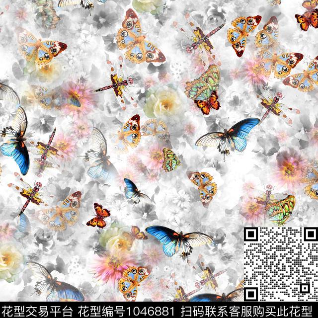 抽象花卉蝴蝶数码印花华亿平台下载（图片编号: 1046881） - 瓦栏（Walan）