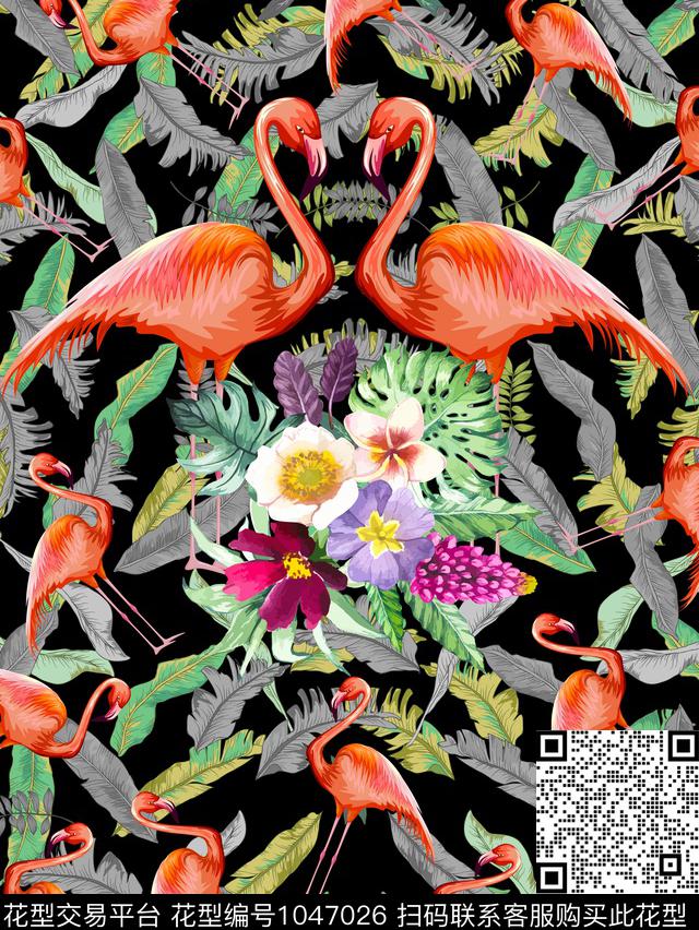 花卉火烈鸟绿植树叶数码印花华亿平台下载（图片编号: 1047026） - 瓦栏（Walan）