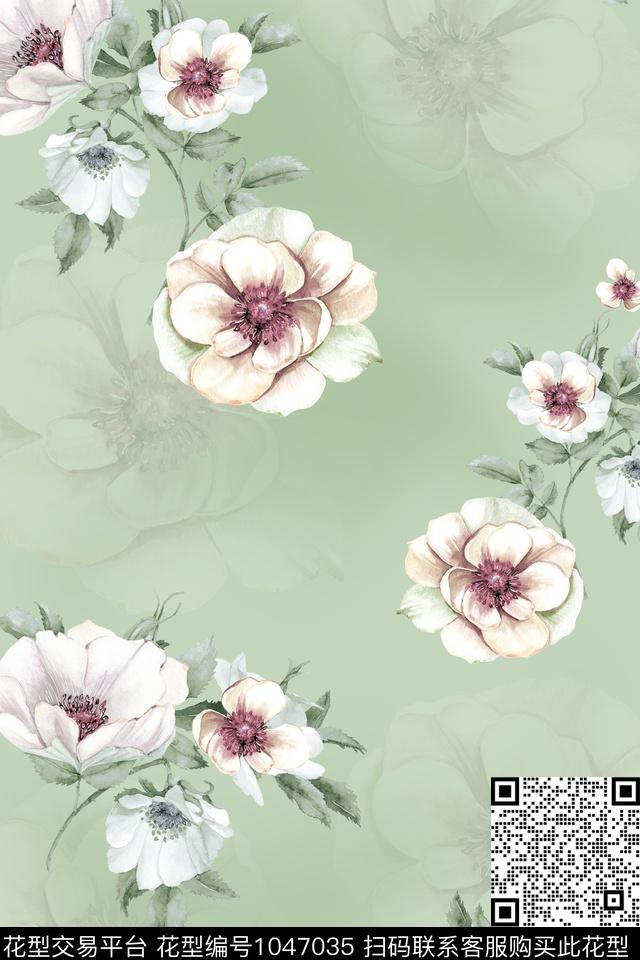 手绘花卉写意绿底数码印花华亿平台下载（图片编号: 1047035） - 瓦栏（Walan）