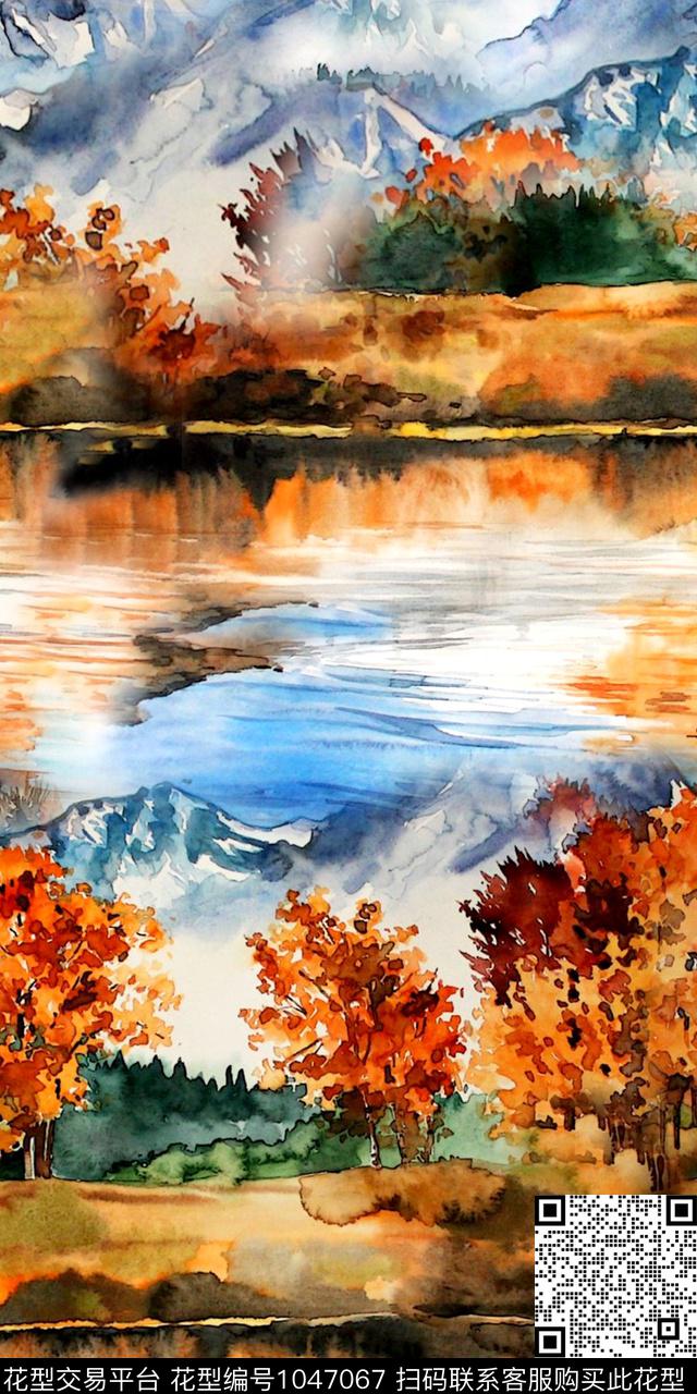 炫彩手绘风景抽象风景数码印花华亿平台下载（图片编号: 1047067） - 瓦栏（Walan）