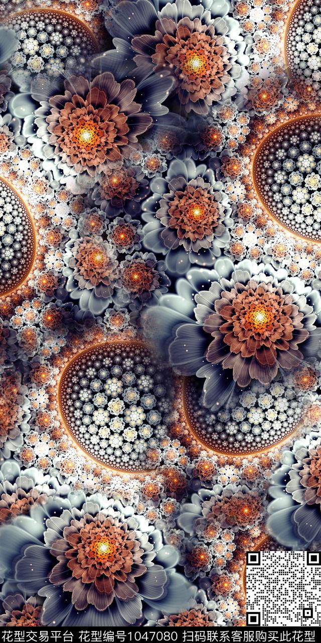 抽象花卉抽象复古数码印花华亿平台下载（图片编号: 1047080） - 瓦栏（Walan）