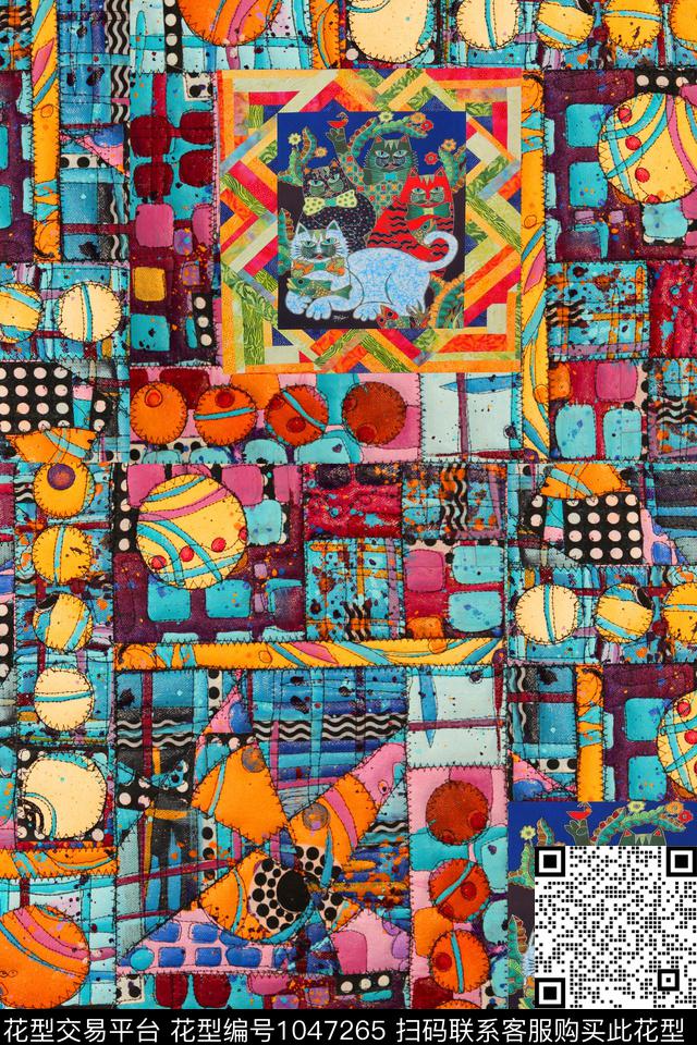 格子几何混合拼接数码印花华亿平台下载（图片编号: 1047265） - 瓦栏（Walan）