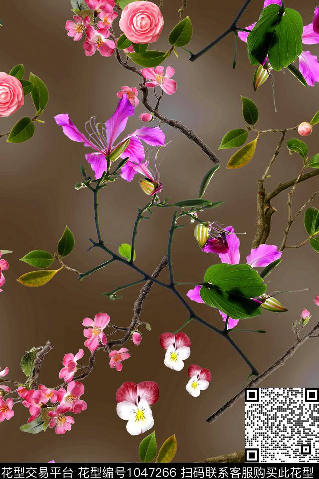 花卉树枝绿植树叶数码印花华亿平台下载（图片编号: 1047266） - 瓦栏（Walan）