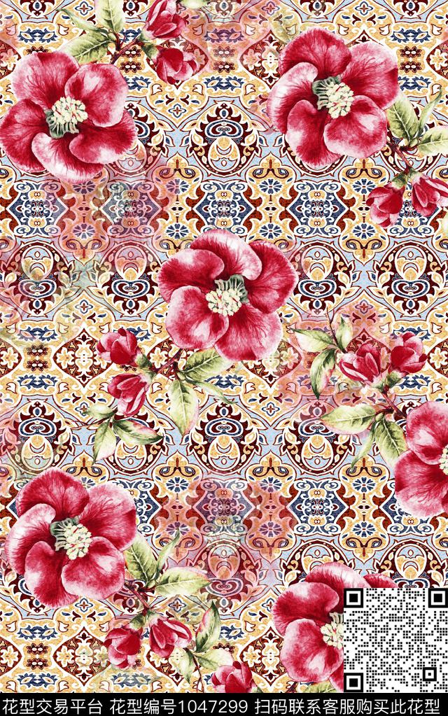数码华亿平台抽象花卉数码印花华亿平台下载（图片编号: 1047299） - 瓦栏（Walan）