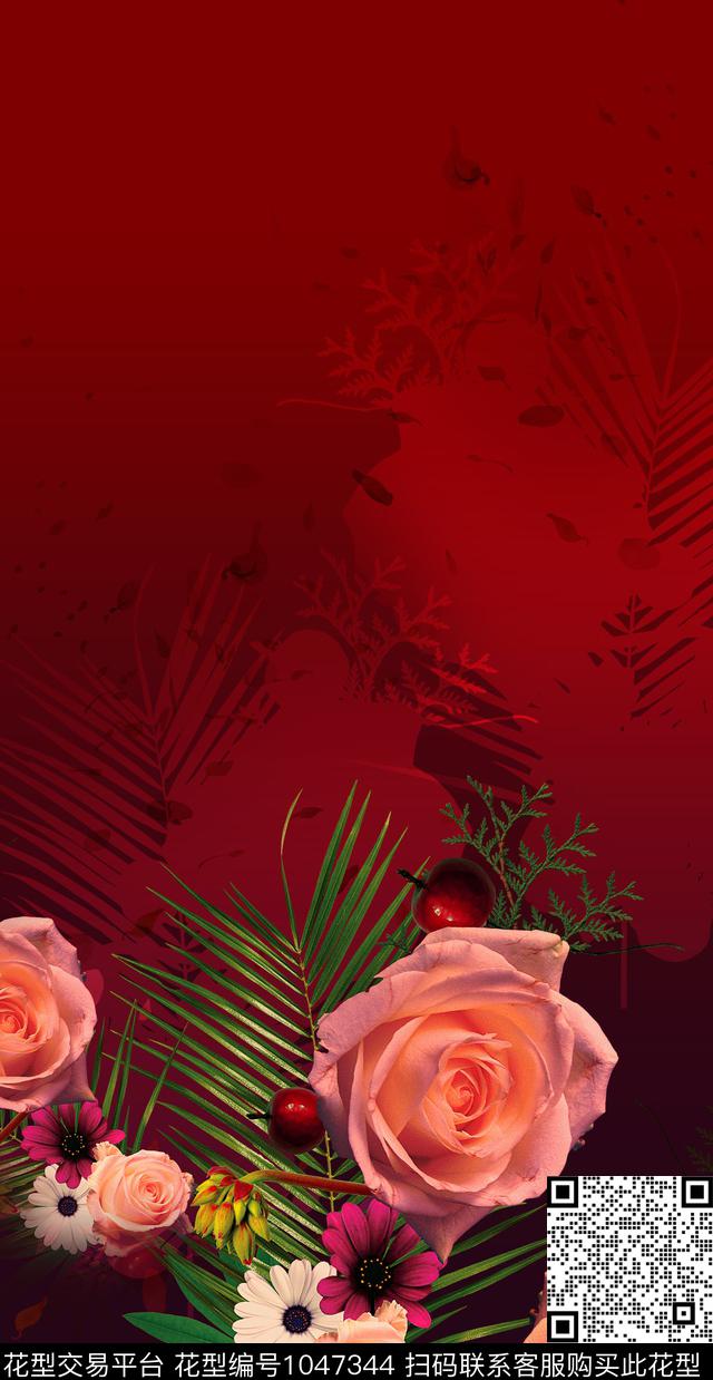 月季花香云纱定位花数码印花华亿平台下载（图片编号: 1047344） - 瓦栏（Walan）