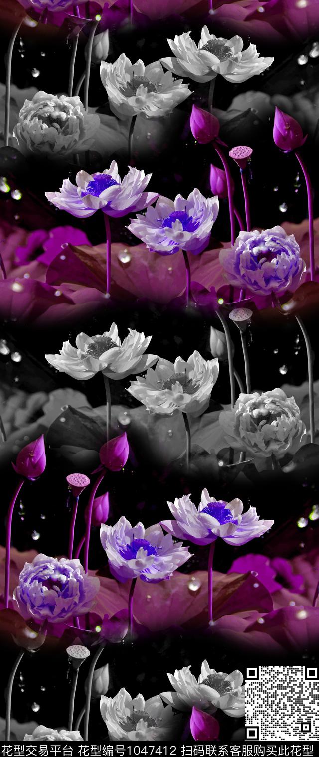 花卉荷花长巾数码印花华亿平台下载（图片编号: 1047412） - 瓦栏（Walan）