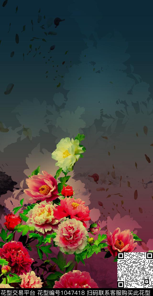 香云纱牡丹定位花数码印花华亿平台下载（图片编号: 1047418） - 瓦栏（Walan）
