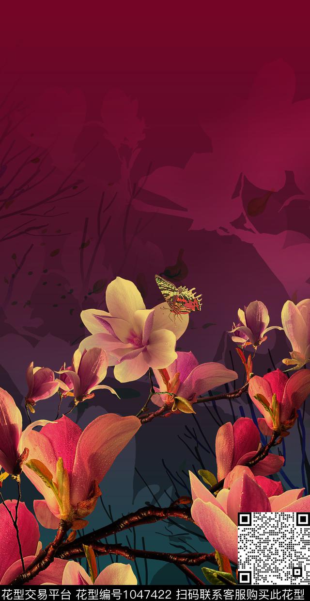 玉兰花香云纱定位花数码印花华亿平台下载（图片编号: 1047422） - 瓦栏（Walan）