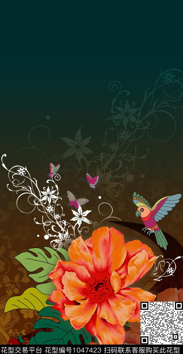 鸟香云纱定位花数码印花华亿平台下载（图片编号: 1047423） - 瓦栏（Walan）