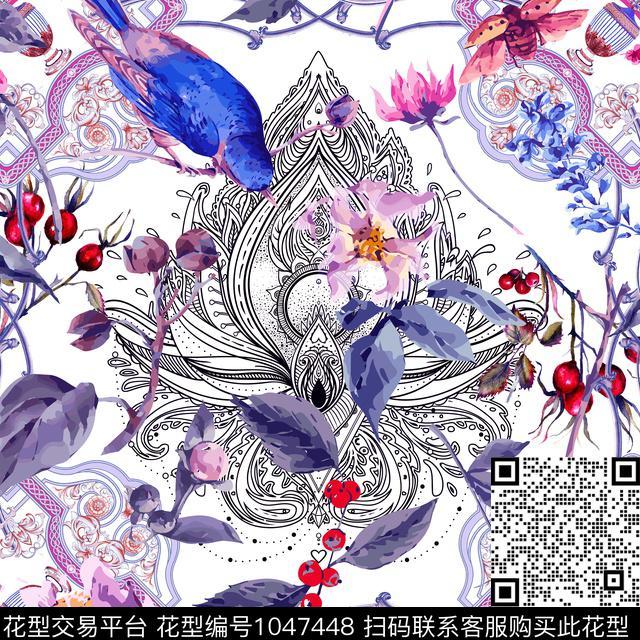 曼陀罗大牌风水彩花鸟数码印花华亿平台下载（图片编号: 1047448） - 瓦栏（Walan）