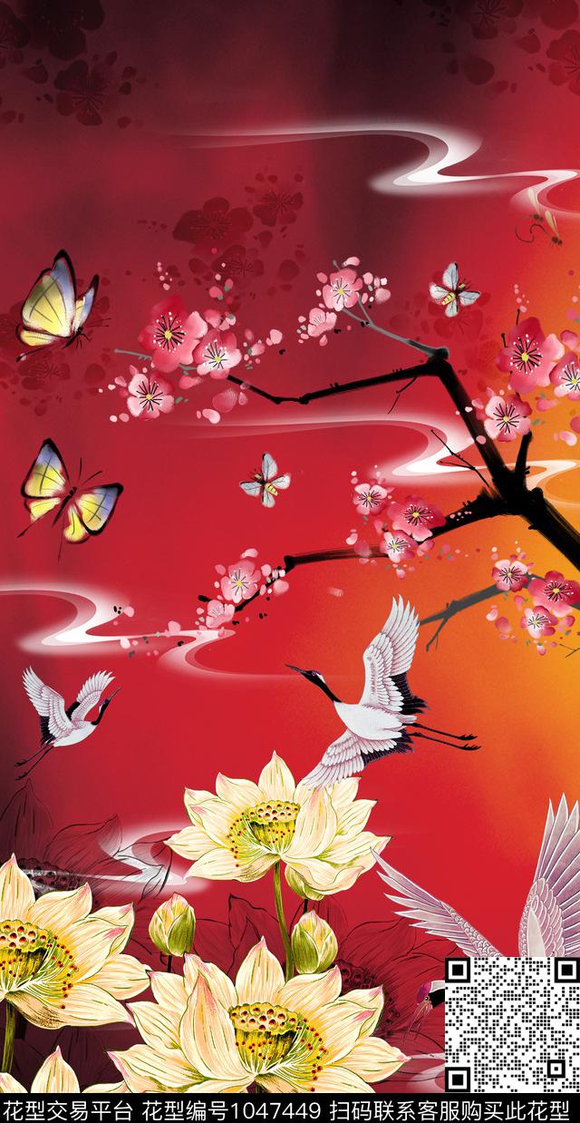 梅花定位花荷花数码印花华亿平台下载（图片编号: 1047449） - 瓦栏（Walan）