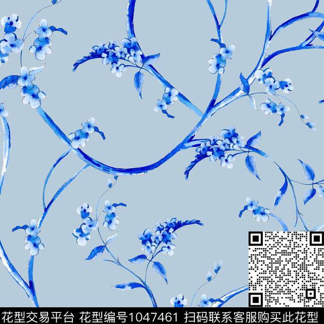 青花瓷青色藤蔓数码印花华亿平台下载（图片编号: 1047461） - 瓦栏（Walan）