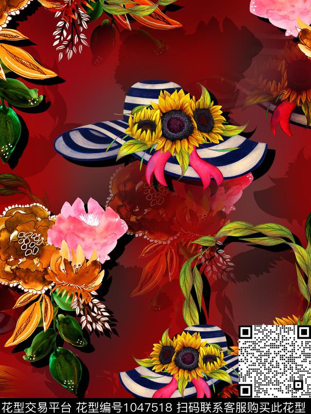 向日葵香云纱花卉数码印花华亿平台下载（图片编号: 1047518） - 瓦栏（Walan）