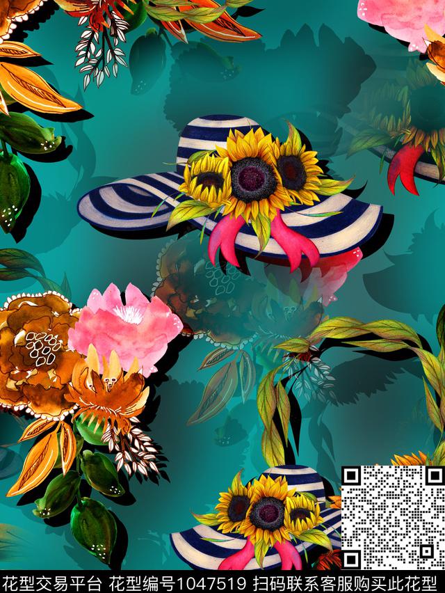 向日葵香云纱花卉数码印花华亿平台下载（图片编号: 1047519） - 瓦栏（Walan）