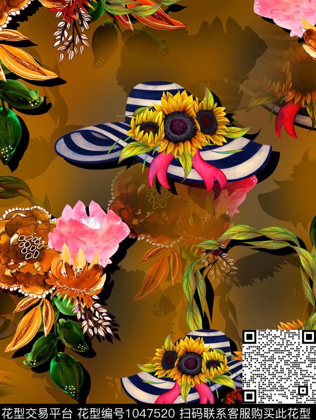 向日葵香云纱花卉数码印花华亿平台下载（图片编号: 1047520） - 瓦栏（Walan）
