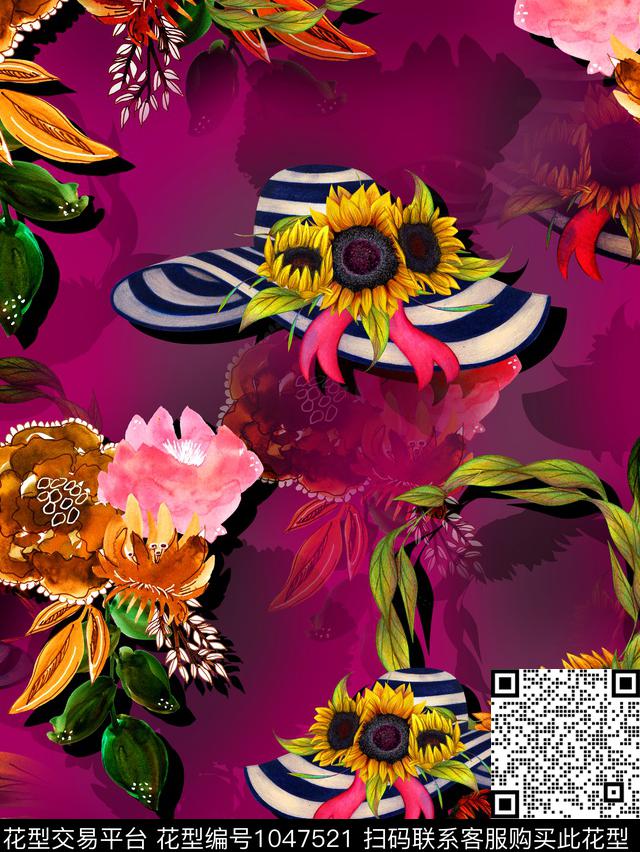 向日葵香云纱花卉数码印花华亿平台下载（图片编号: 1047521） - 瓦栏（Walan）