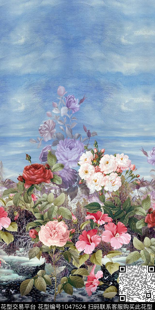 月季花玫瑰花定位花数码印花华亿平台下载（图片编号: 1047524） - 瓦栏（Walan）