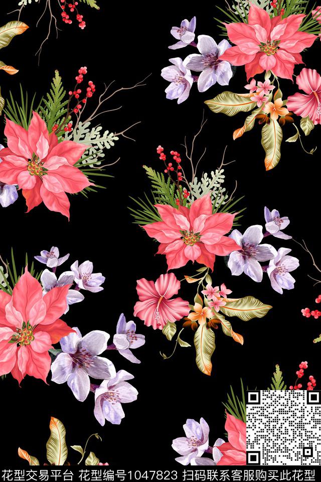 花卉黑底花卉梅花数码印花华亿平台下载（图片编号: 1047823） - 瓦栏（Walan）