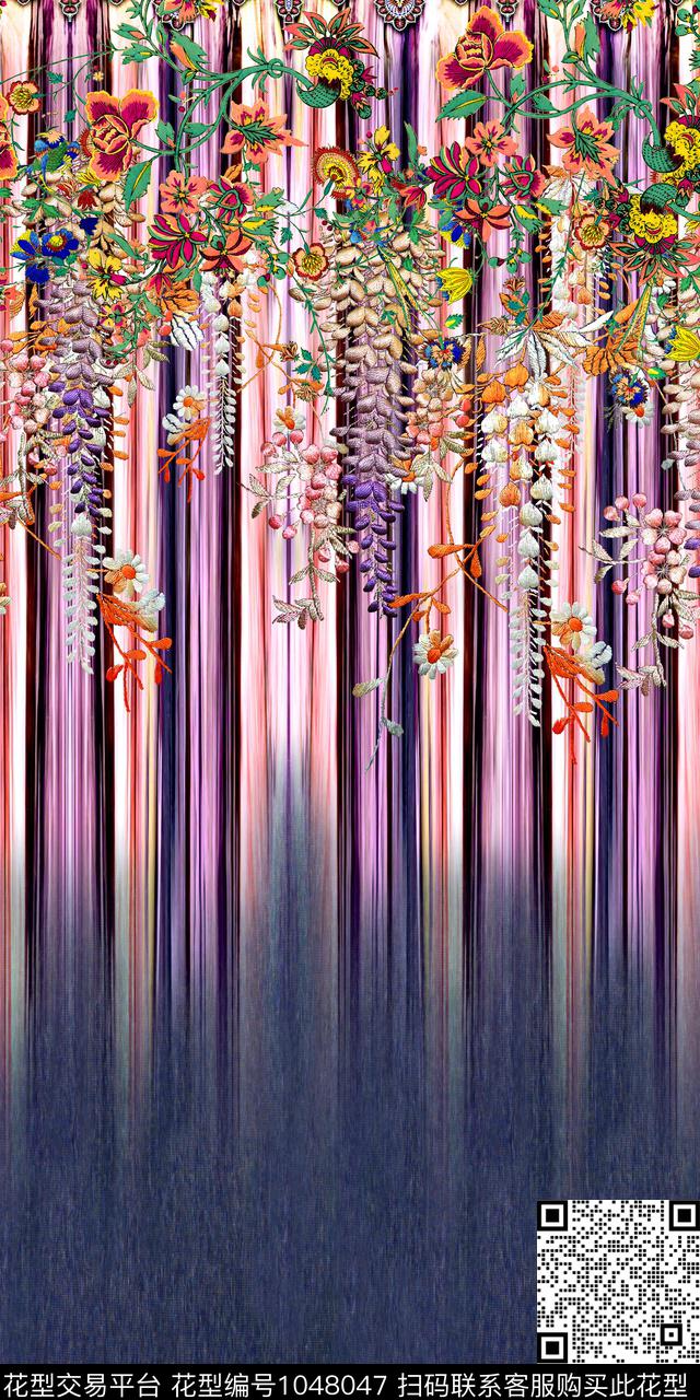 条纹民族风花卉数码印花华亿平台下载（图片编号: 1048047） - 瓦栏（Walan）