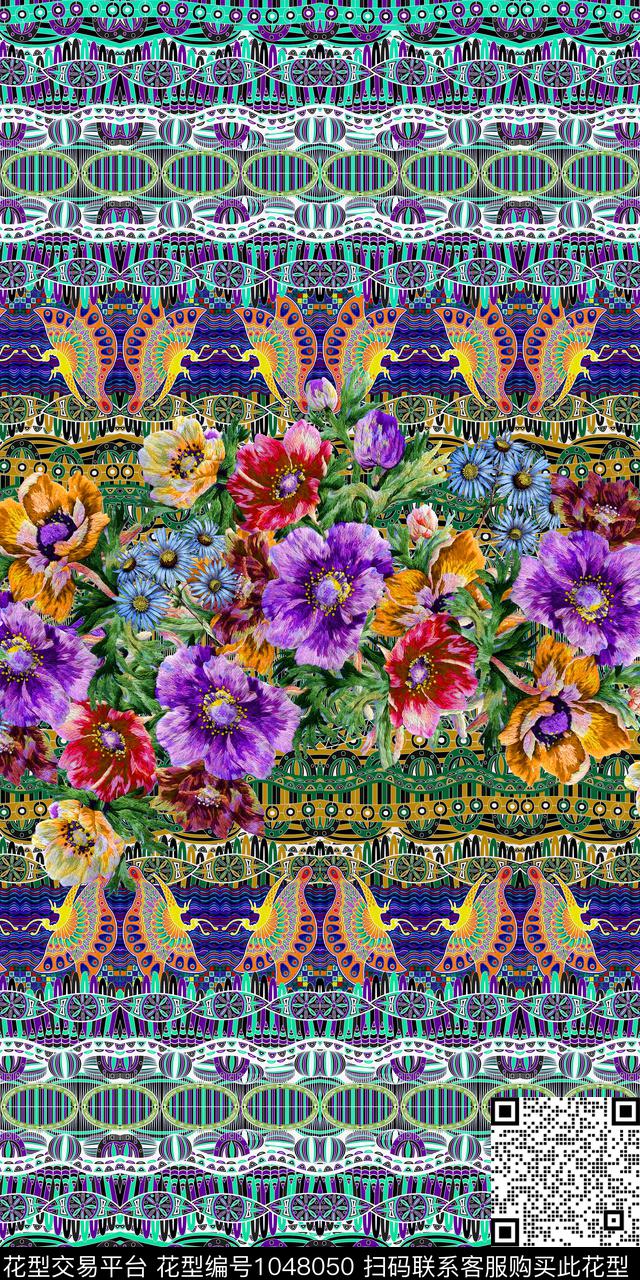 条纹民族风水彩花卉数码印花华亿平台下载（图片编号: 1048050） - 瓦栏（Walan）