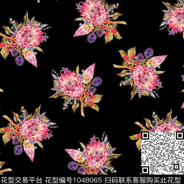 数码华亿平台黑底花卉民族风数码印花华亿平台下载（图片编号: 1048065） - 瓦栏（Walan）