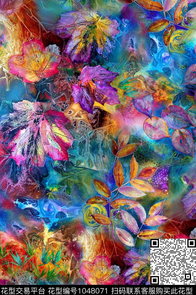 肌理水彩花卉绿植树叶数码印花华亿平台下载（图片编号: 1048071） - 瓦栏（Walan）