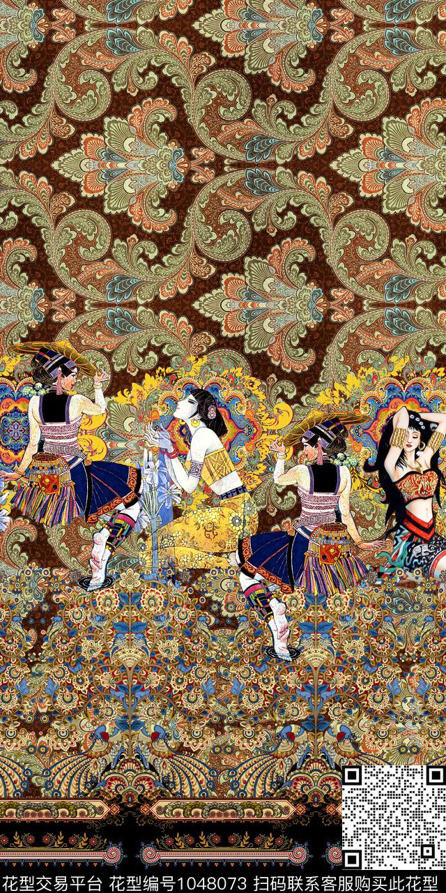 条纹卷草民族风数码印花华亿平台下载（图片编号: 1048073） - 瓦栏（Walan）