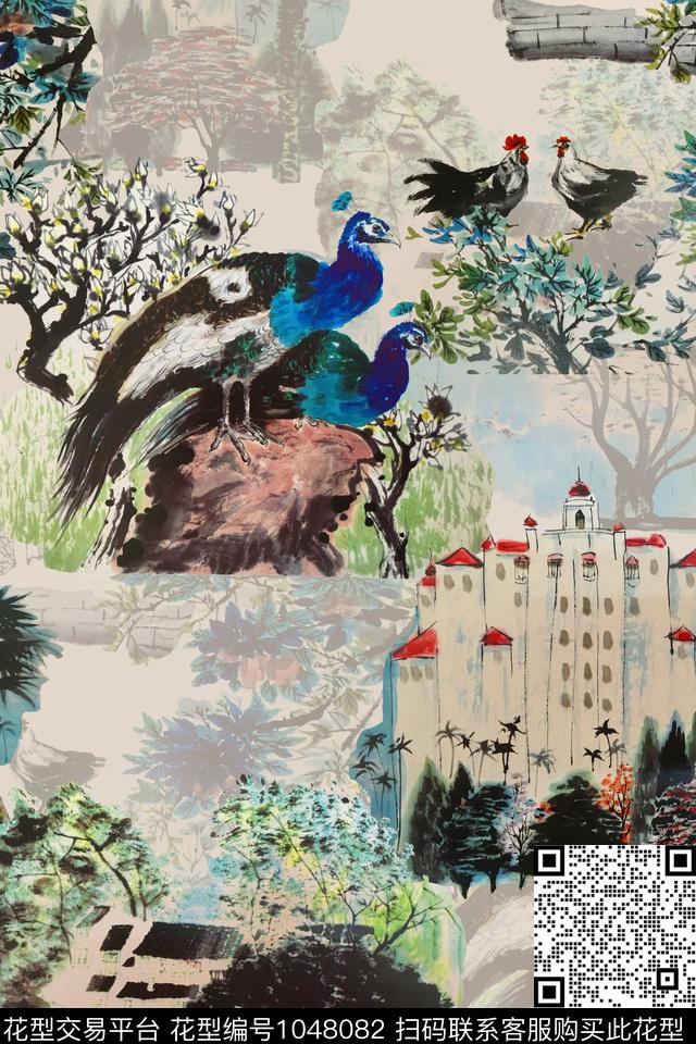 肌理中国风水彩花卉数码印花华亿平台下载（图片编号: 1048082） - 瓦栏（Walan）