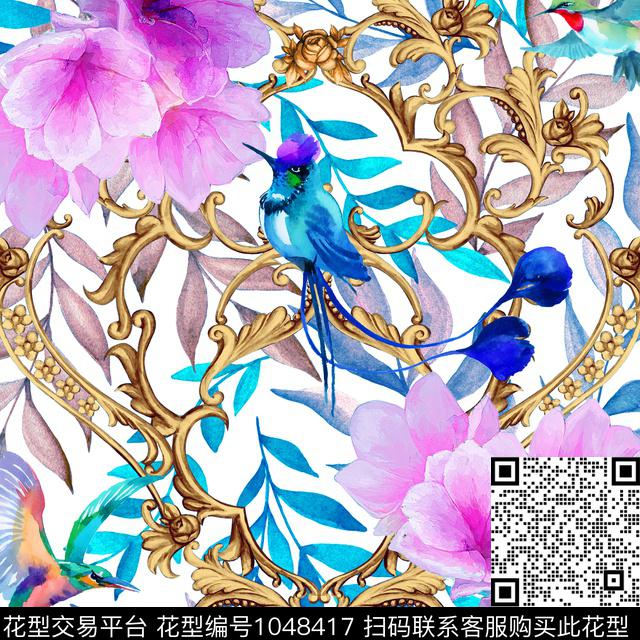 大牌风方巾水彩花鸟数码印花华亿平台下载（图片编号: 1048417） - 瓦栏（Walan）
