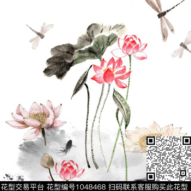 花卉荷花方巾数码印花华亿平台下载（图片编号: 1048468） - 瓦栏（Walan）