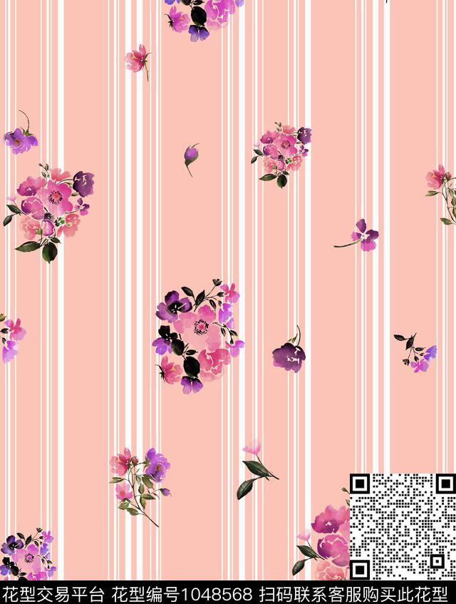 条纹小碎花手绘花卉数码印花华亿平台下载（图片编号: 1048568） - 瓦栏（Walan）