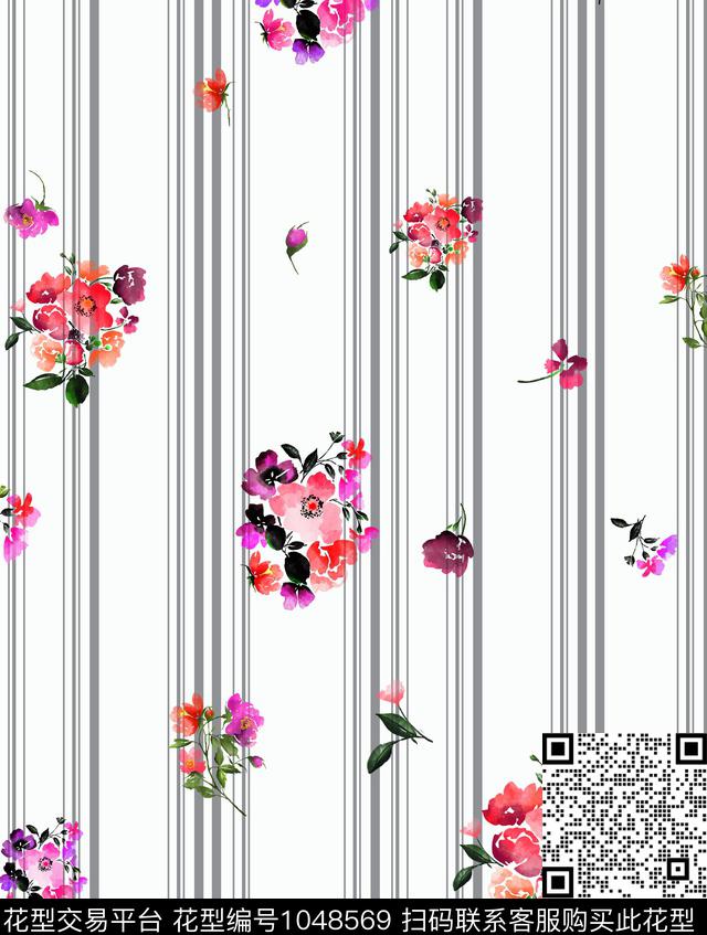 条纹小碎花手绘花卉数码印花华亿平台下载（图片编号: 1048569） - 瓦栏（Walan）