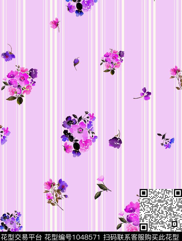 条纹小碎花手绘花卉数码印花华亿平台下载（图片编号: 1048571） - 瓦栏（Walan）
