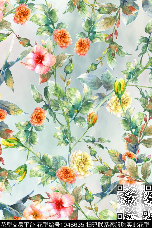 手绘花卉满版散花花卉数码印花华亿平台下载（图片编号: 1048635） - 瓦栏（Walan）