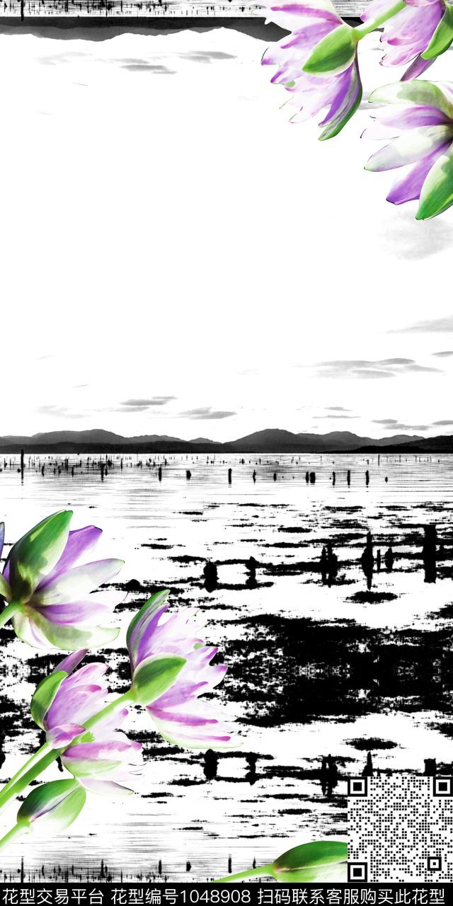 女装荷花水墨风数码印花华亿平台下载（图片编号: 1048908） - 瓦栏（Walan）
