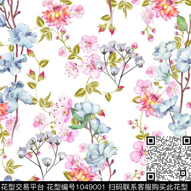水彩花卉清爽底花卉数码印花华亿平台下载（图片编号: 1049001） - 瓦栏（Walan）