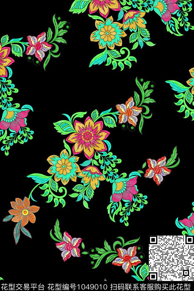 花卉绣花华亿平台黑底花卉数码印花华亿平台下载（图片编号: 1049010） - 瓦栏（Walan）