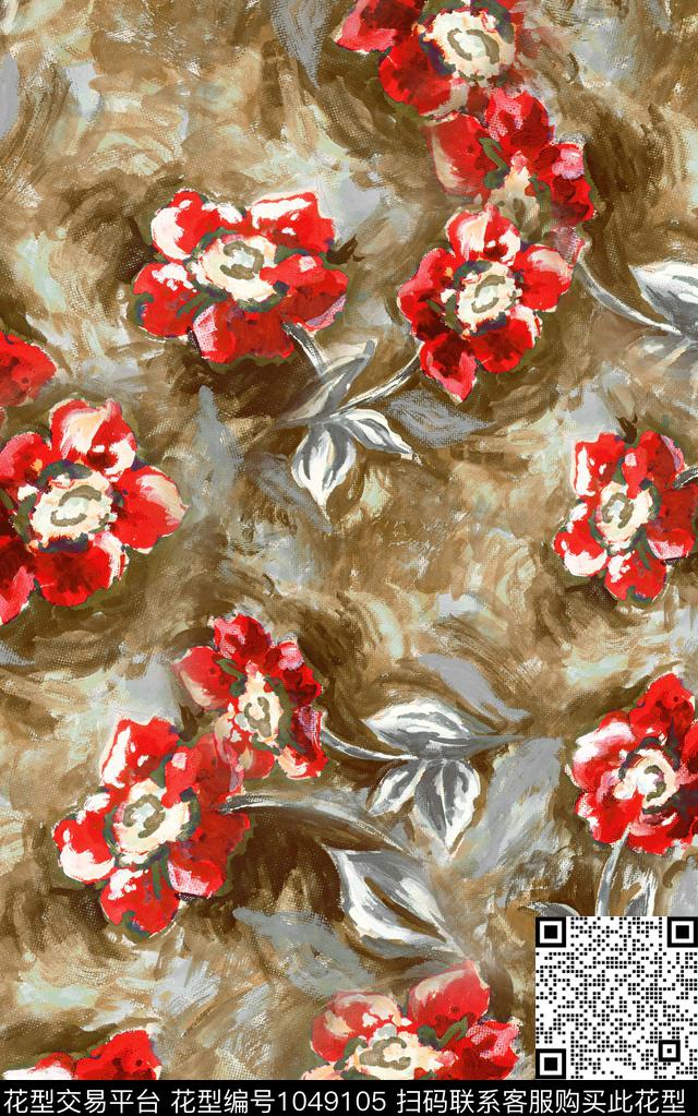 肌理花卉手绘花卉数码印花华亿平台下载（图片编号: 1049105） - 瓦栏（Walan）