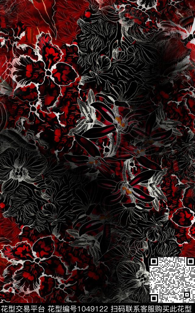 肌理线条花卉水彩花卉数码印花华亿平台下载（图片编号: 1049122） - 瓦栏（Walan）