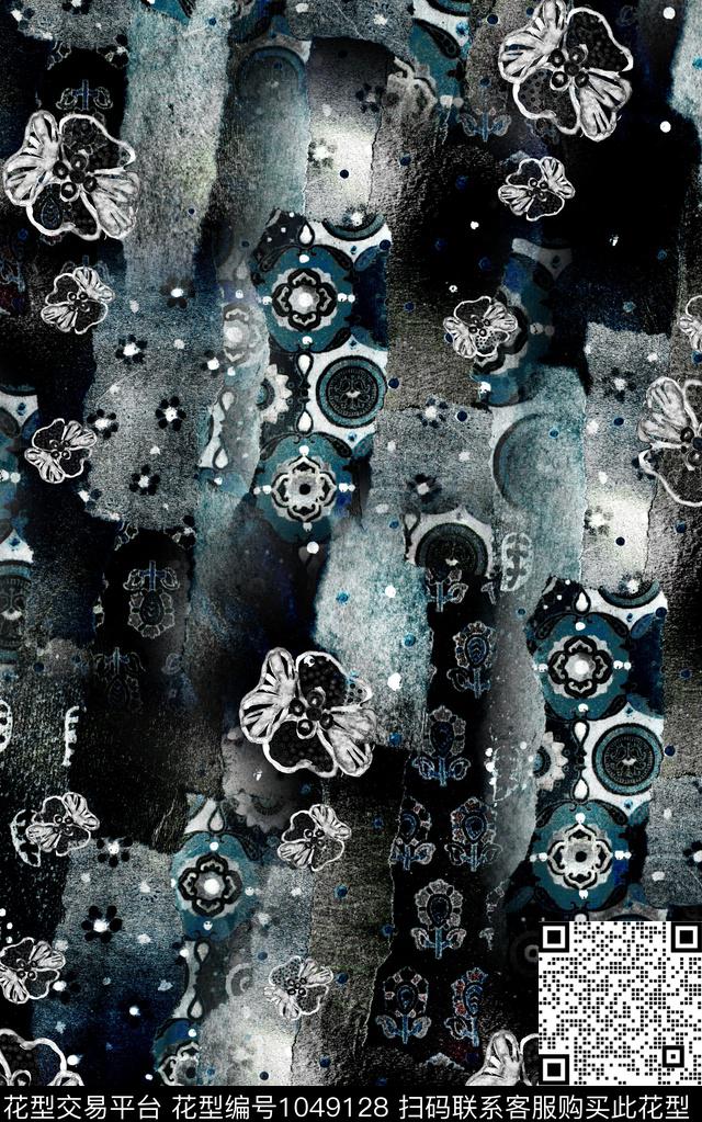条纹肌理花卉数码印花华亿平台下载（图片编号: 1049128） - 瓦栏（Walan）