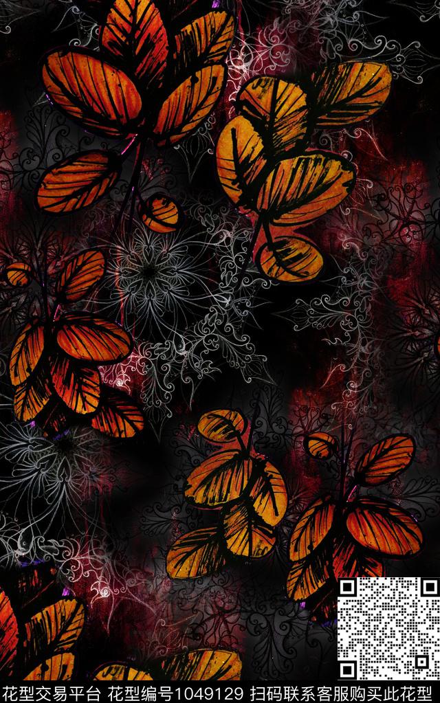 肌理线条花卉水彩花卉数码印花华亿平台下载（图片编号: 1049129） - 瓦栏（Walan）