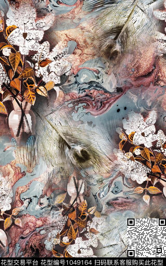 肌理水彩花卉水墨风数码印花华亿平台下载（图片编号: 1049164） - 瓦栏（Walan）